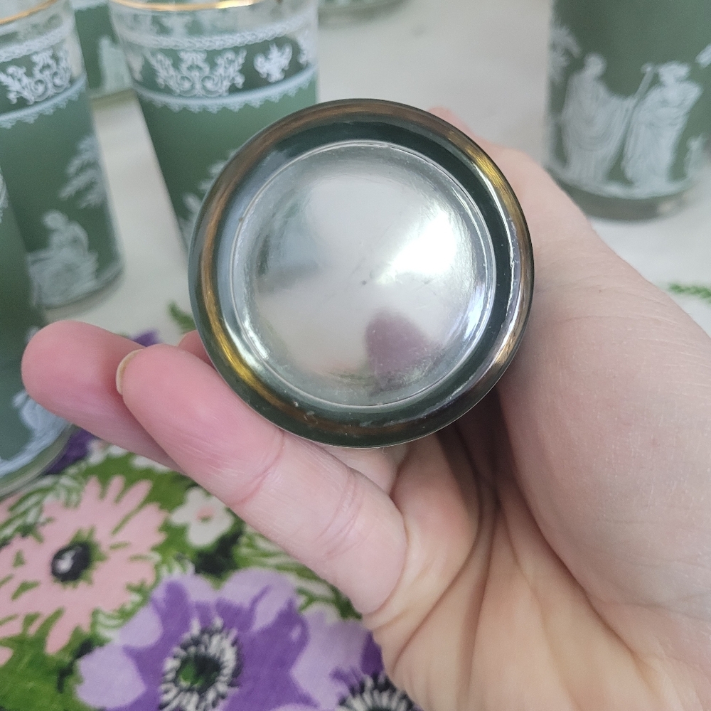 Vintage Jeannette Glasses Set Of 4 Hellenic Green Jasperware Gold Rim - Picture 8 of 12